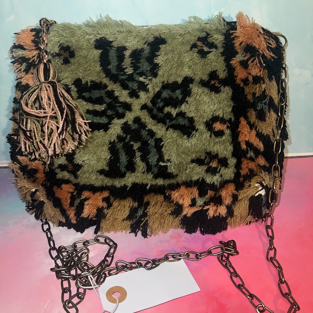Grace & Lace Olive Green and Brown Faux-Fur Crossbody with Tassel